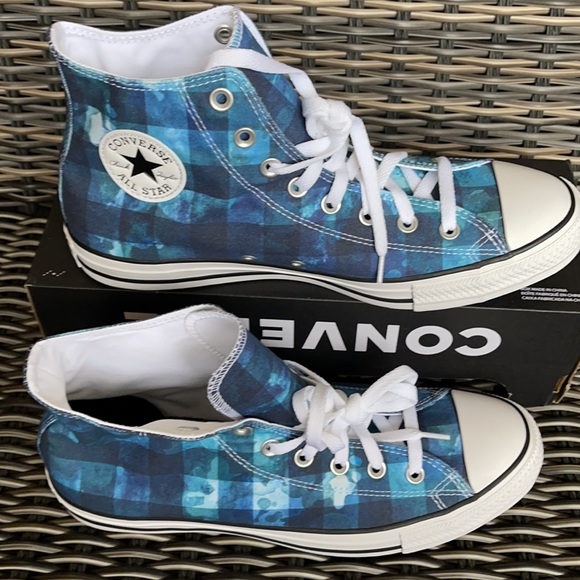 Converse Chuck Taylor All Star Hi Blue Plaid/White/Black MEN`S - Picture 2 of 16
